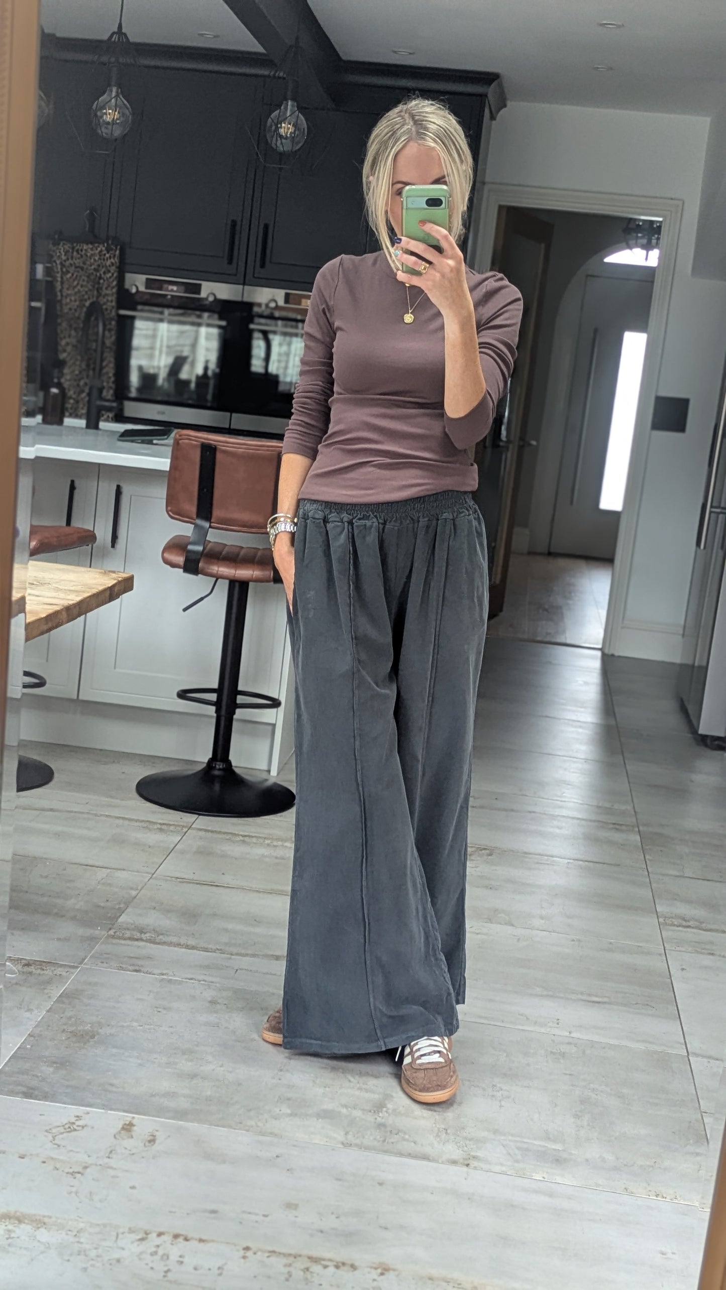 Darted Wide leg fine cord trousers - charcoal