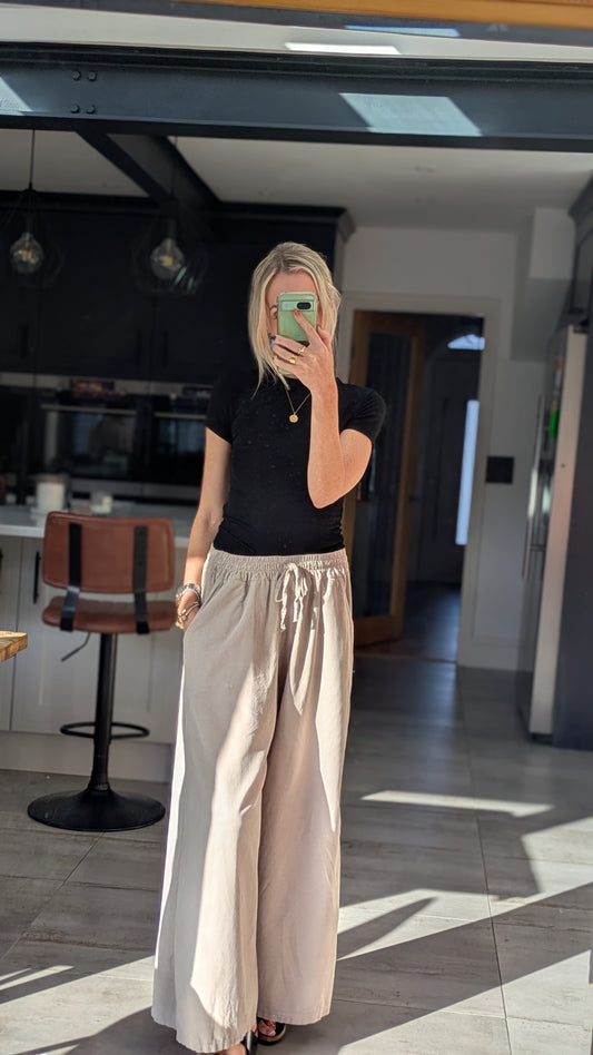 Darted Wide Leg Cord Trousers -Beige