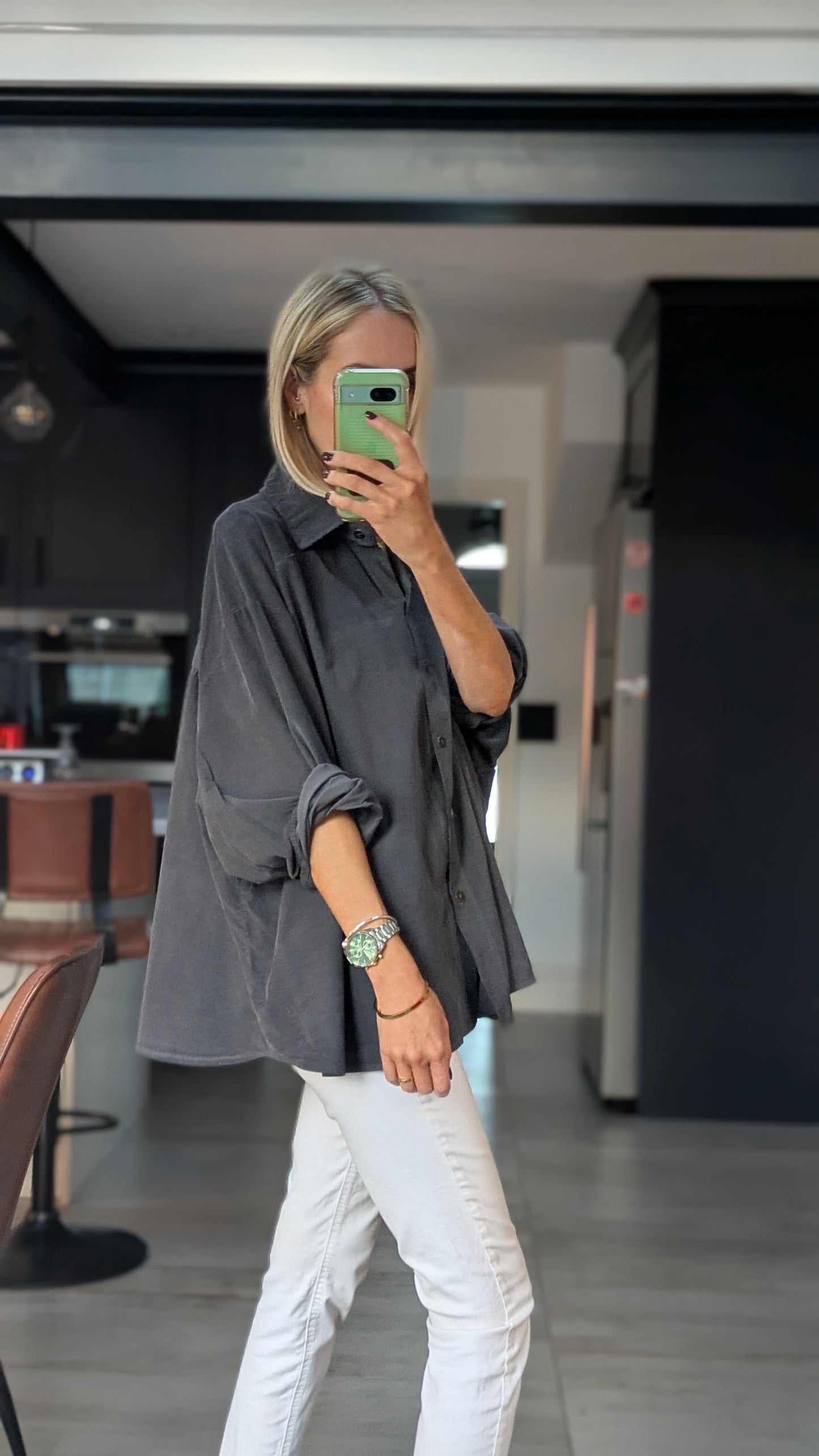 Oversized Fine Cord Cotton Shirt - Charcoal