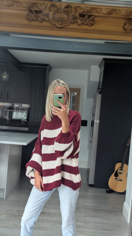 Striped Raw Edge Jumper Burgundy/Cream