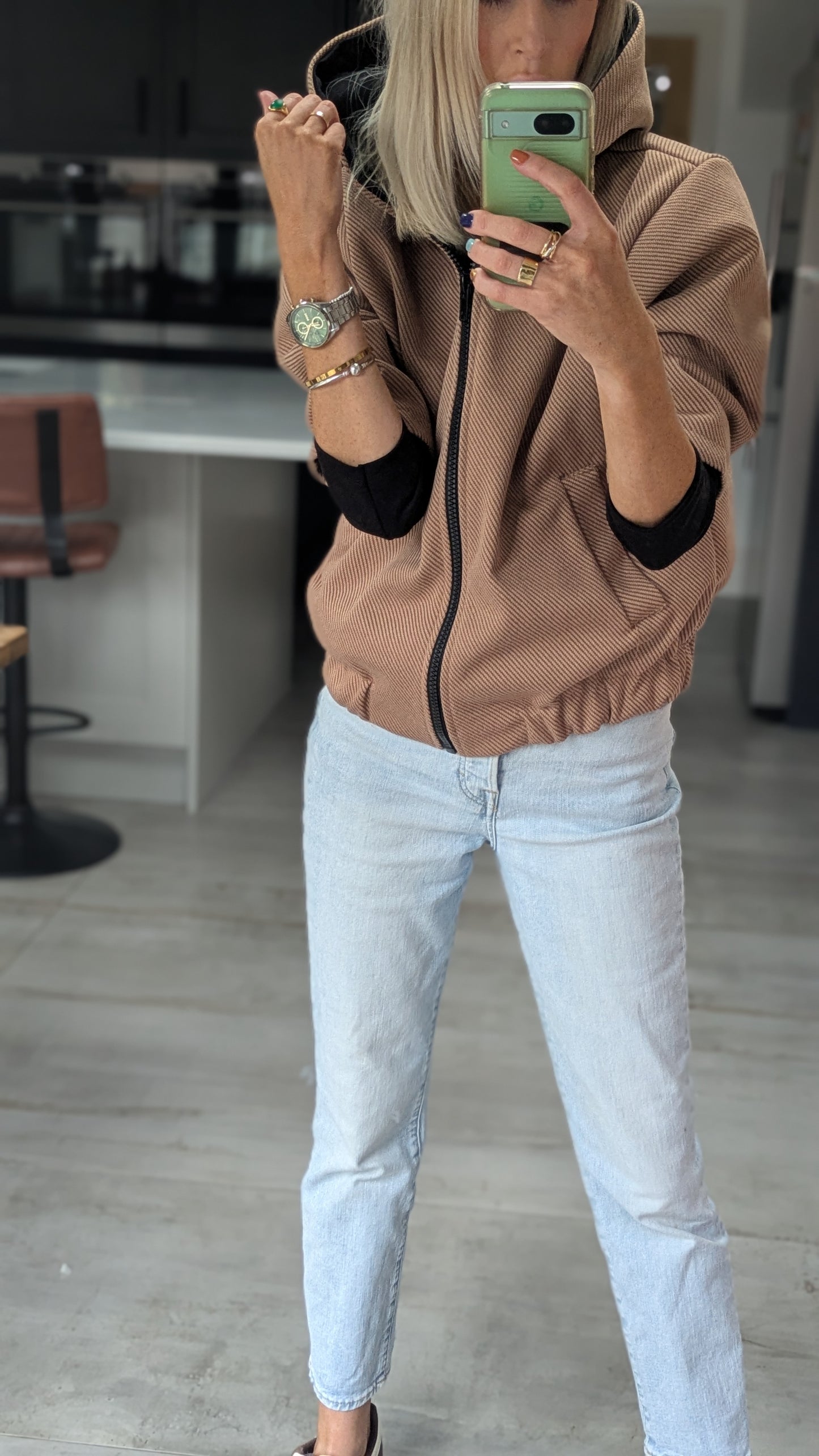 Contrast Hooded Bomber Jacket- Camel