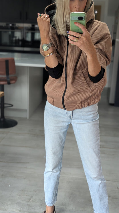 Contrast Hooded Bomber Jacket- Camel