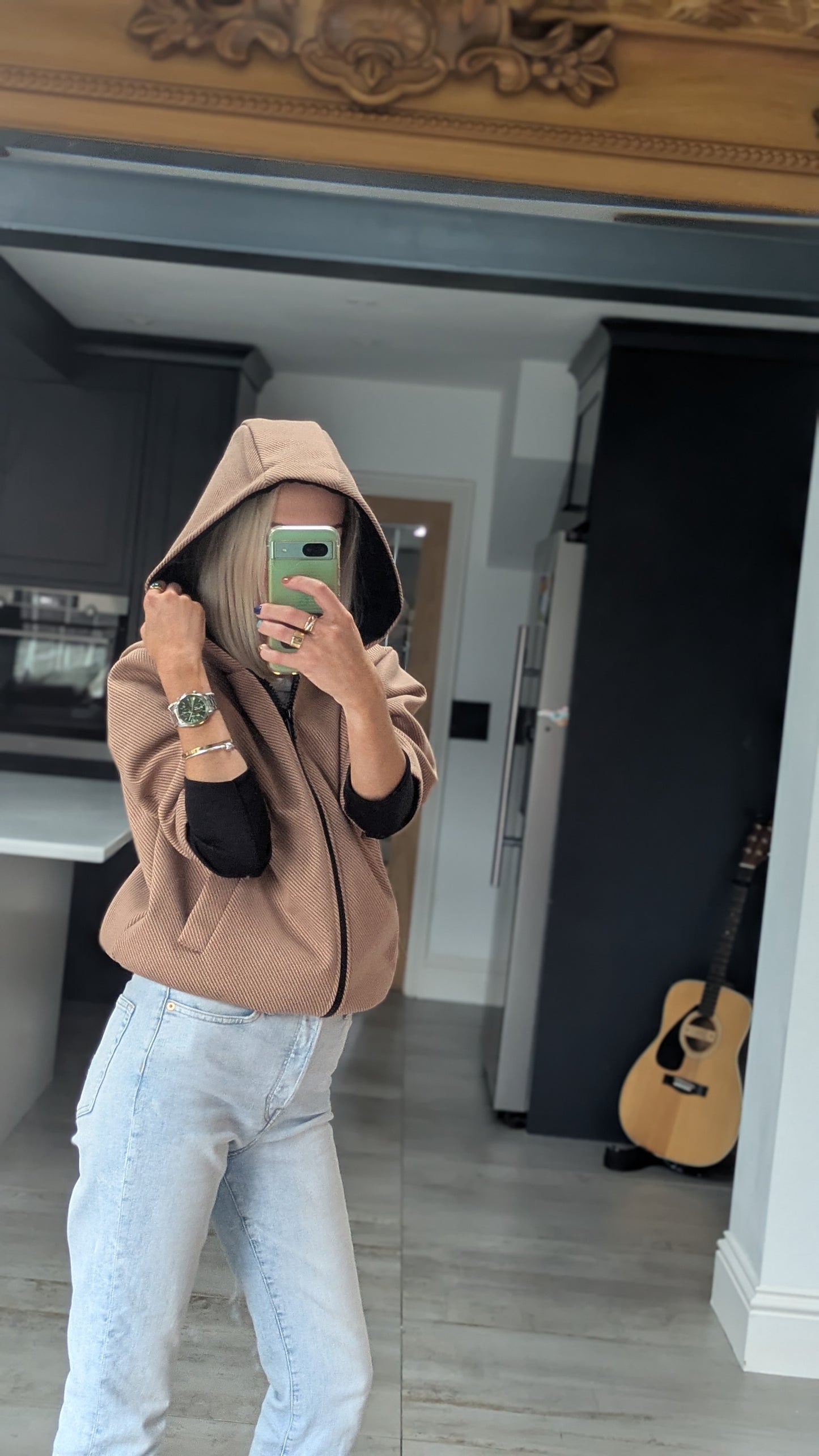 Contrast Hooded Bomber Jacket- Camel