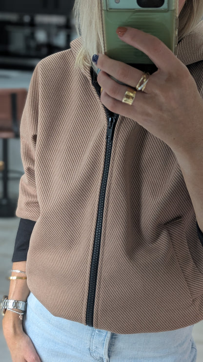 Contrast Hooded Bomber Jacket- Camel
