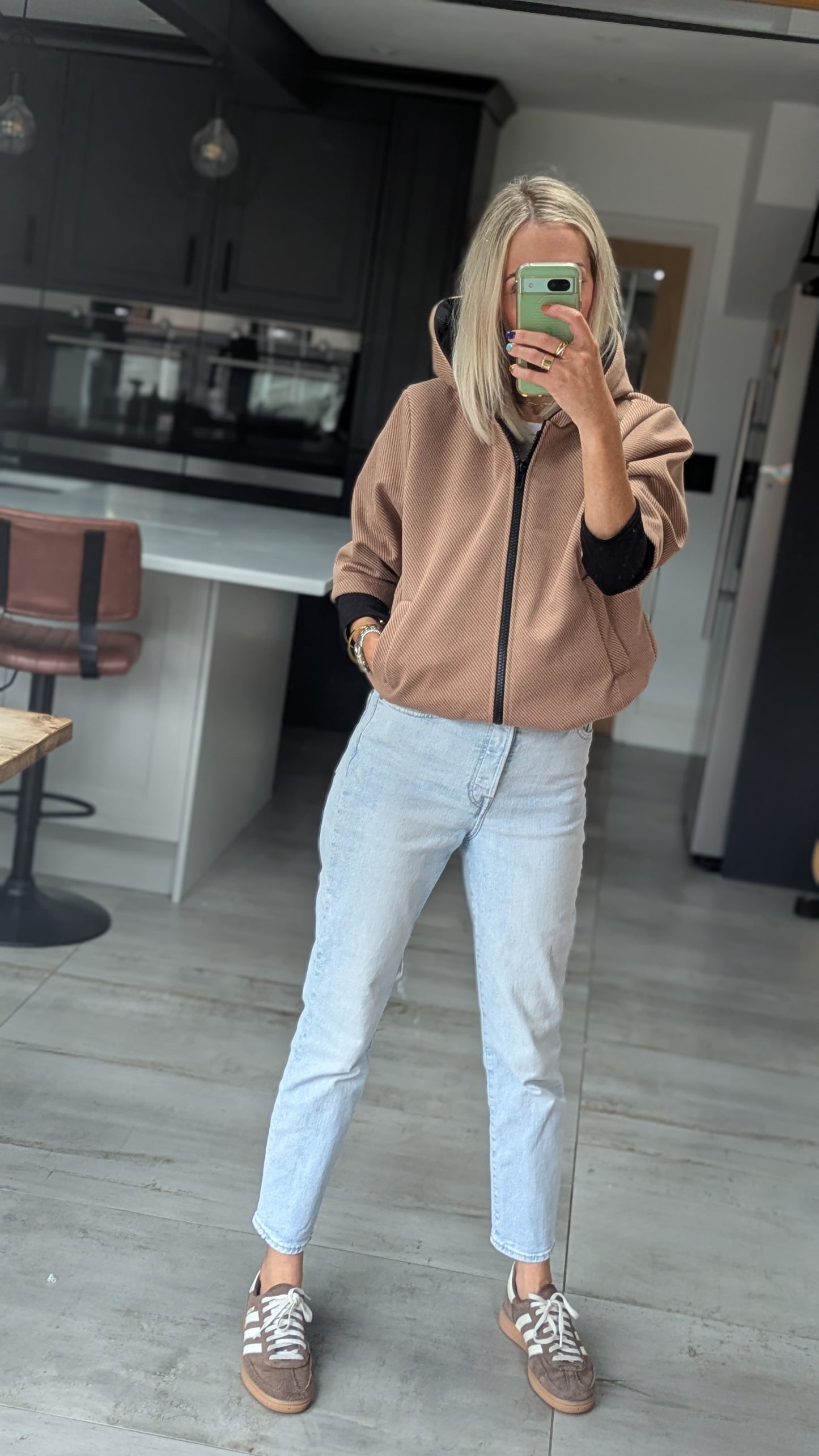 Contrast Hooded Bomber Jacket- Camel