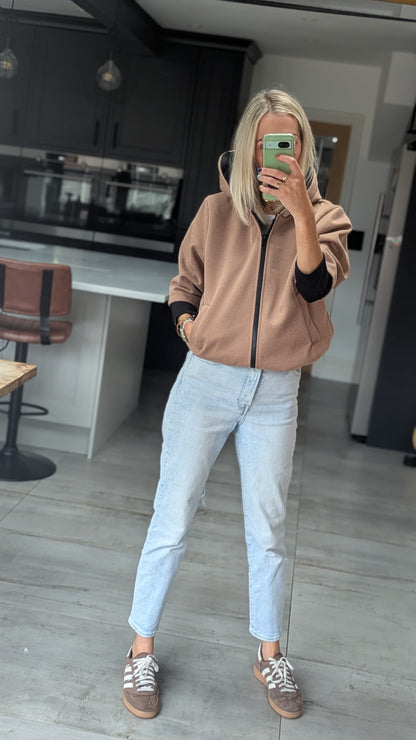 Contrast Hooded Bomber Jacket- Camel