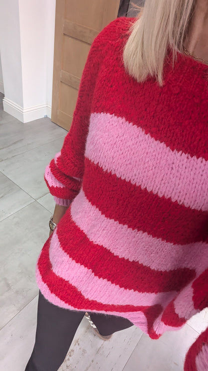 Striped Raw Edge Jumper Pink/Red