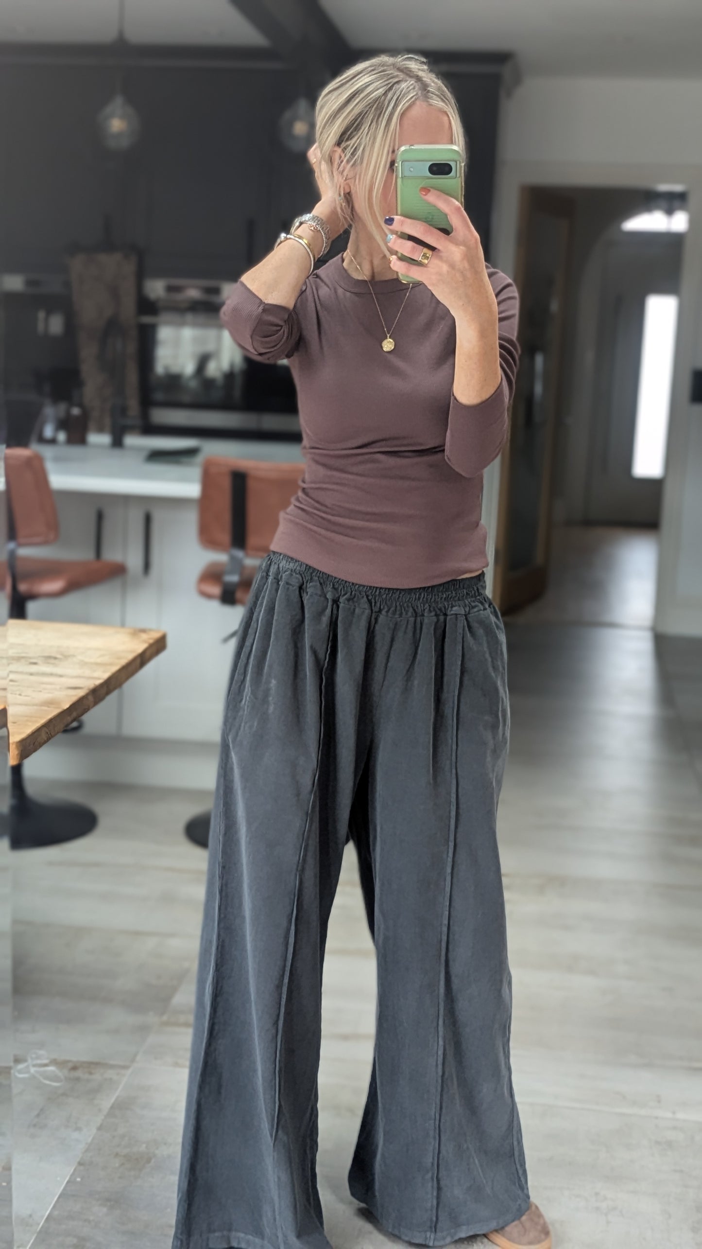 Darted Wide leg fine cord trousers - charcoal