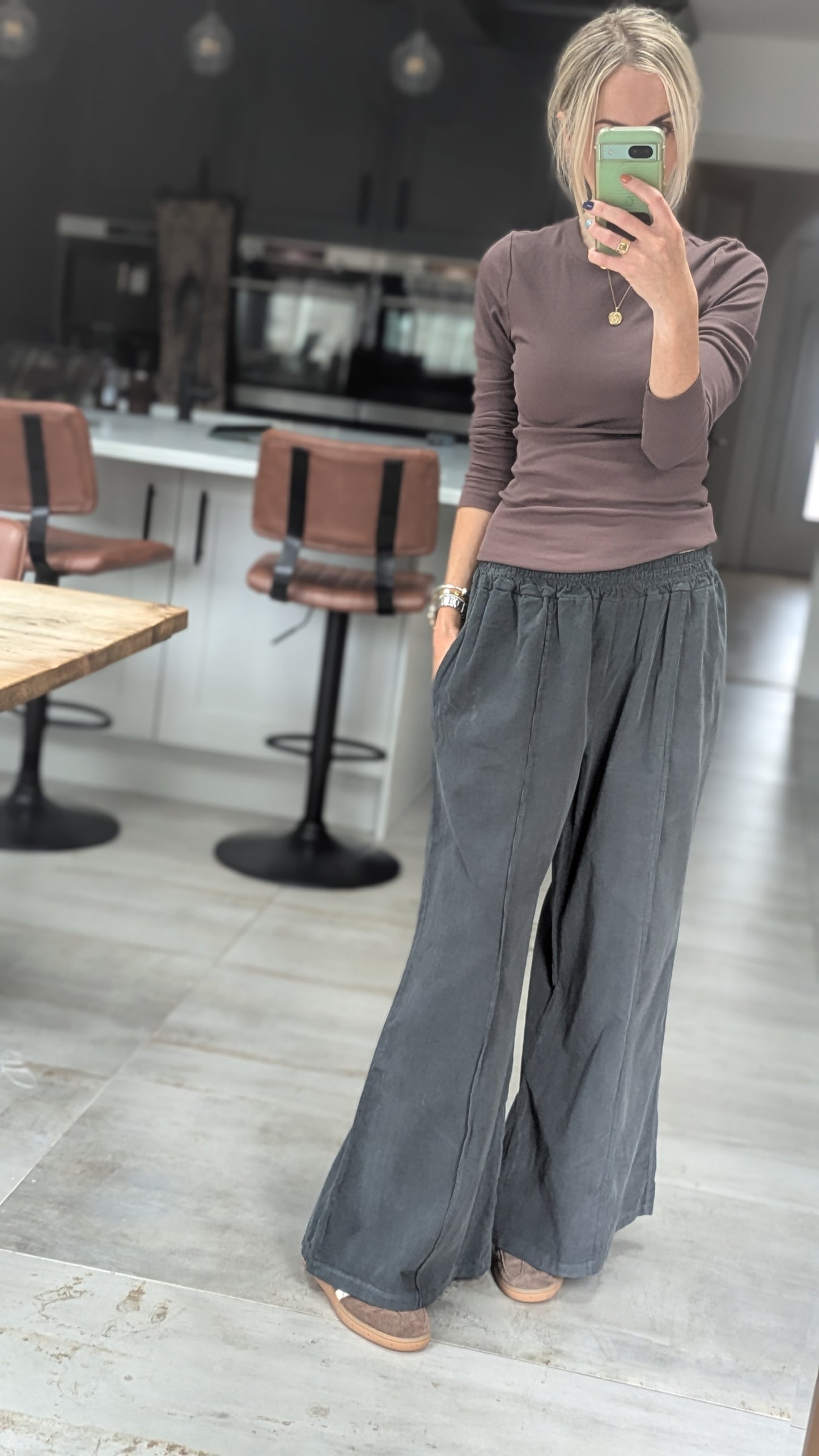 Darted Wide leg fine cord trousers - charcoal