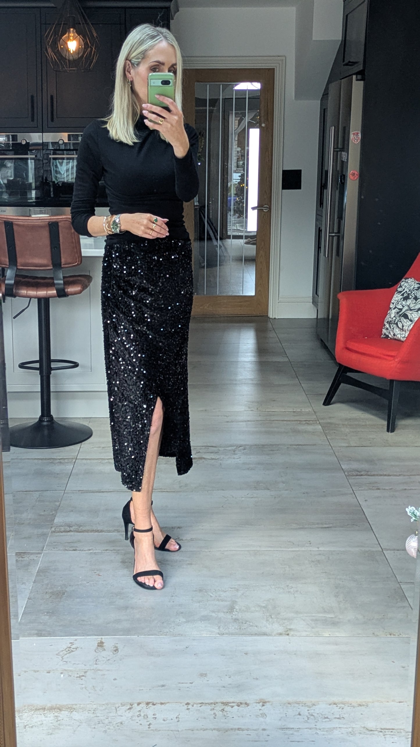 Sequin Velvet Split Midi Skirt