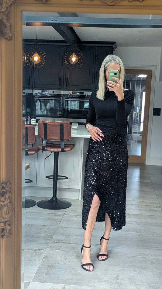Sequin Velvet Split Midi Skirt