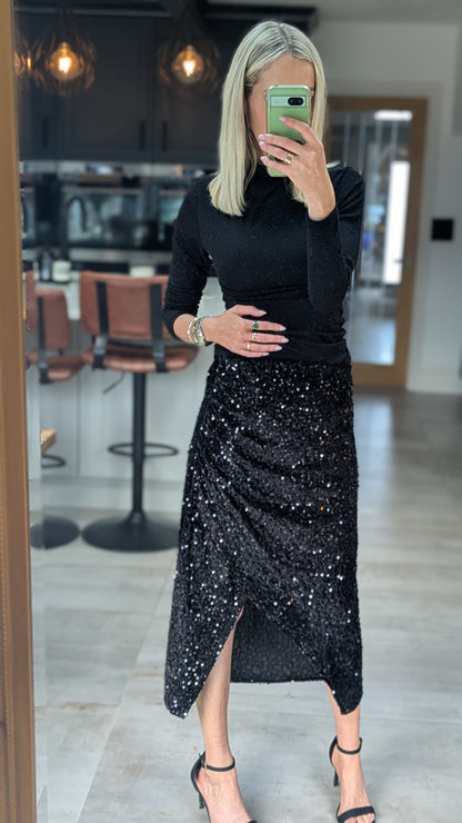 Sequin Velvet Split Midi Skirt