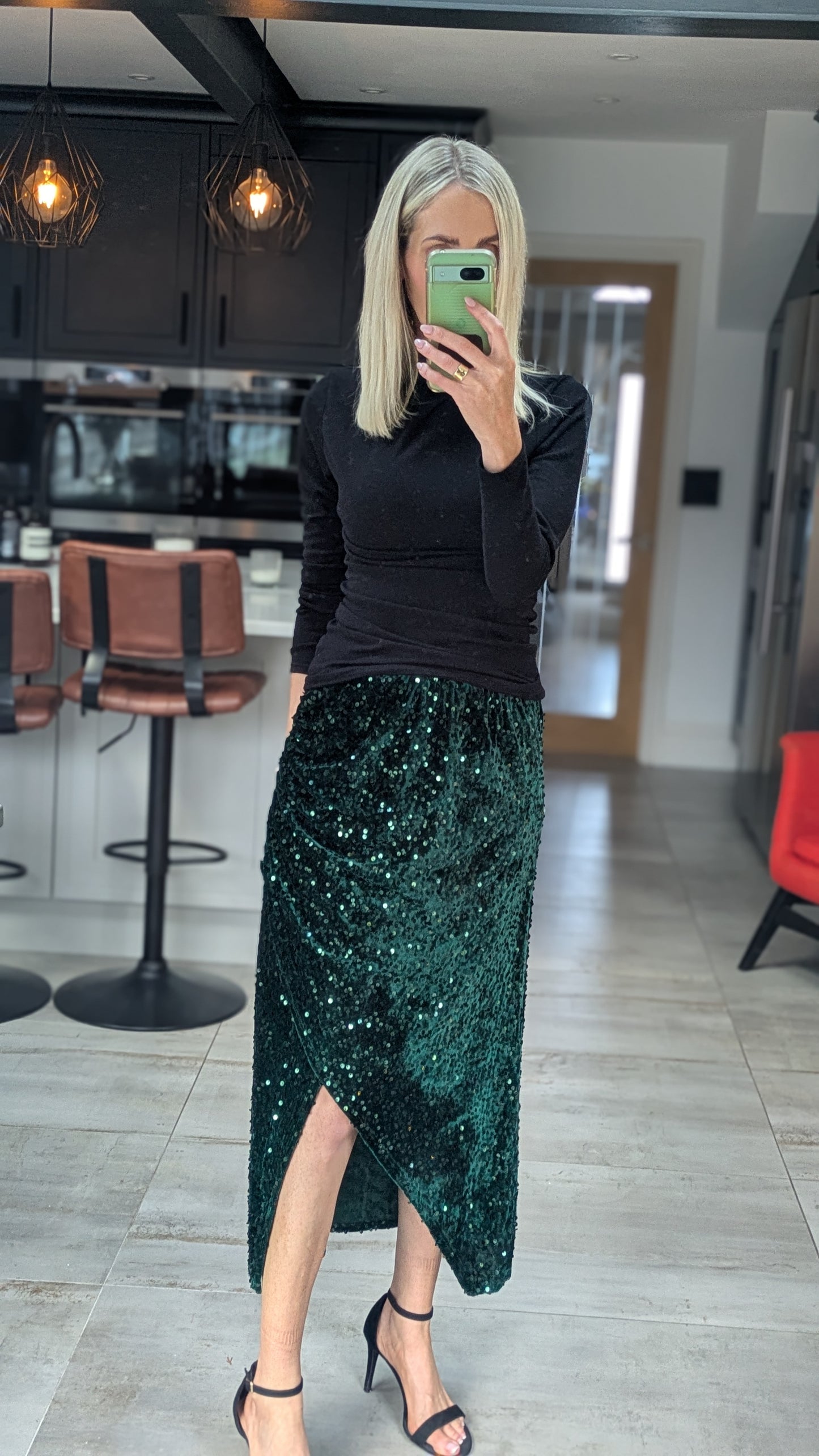 Sequin Velvet Split Midi Skirt