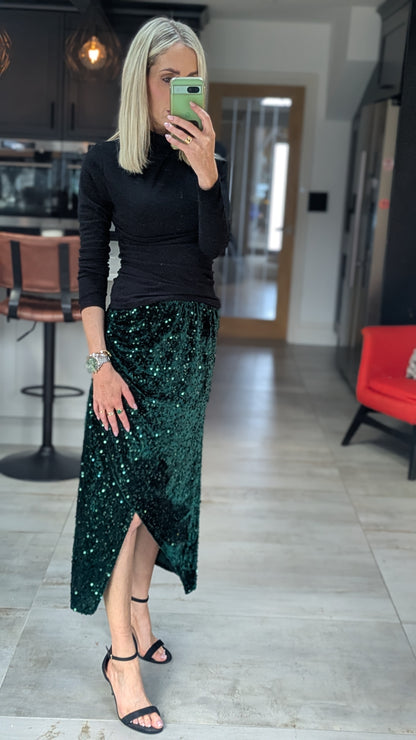 Sequin Velvet Split Midi Skirt